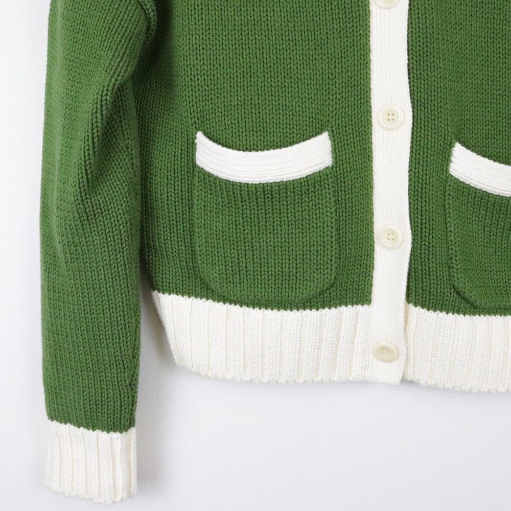 Alex Mill Nico Tipped Cardigan Medium Leaf Green Ivory White 100% Cotton Sweater - Picture 3 of 8